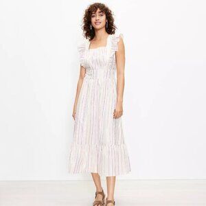 LOFT Shimmer Stripe Ruffle Cutout Back Midi Dress White 0